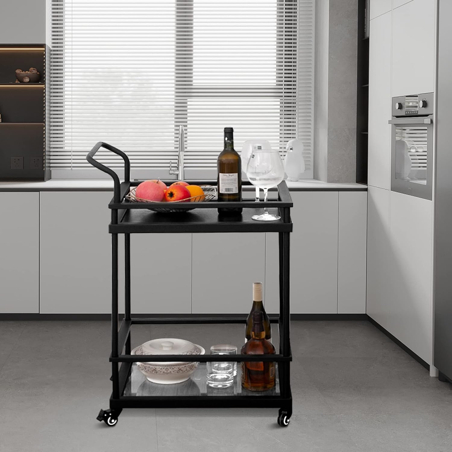 AZL1 Life Concept Carter Rolling Bar – Carrito de servicio de 2 niveles, marco de metal y estante de madera de roble, color negro