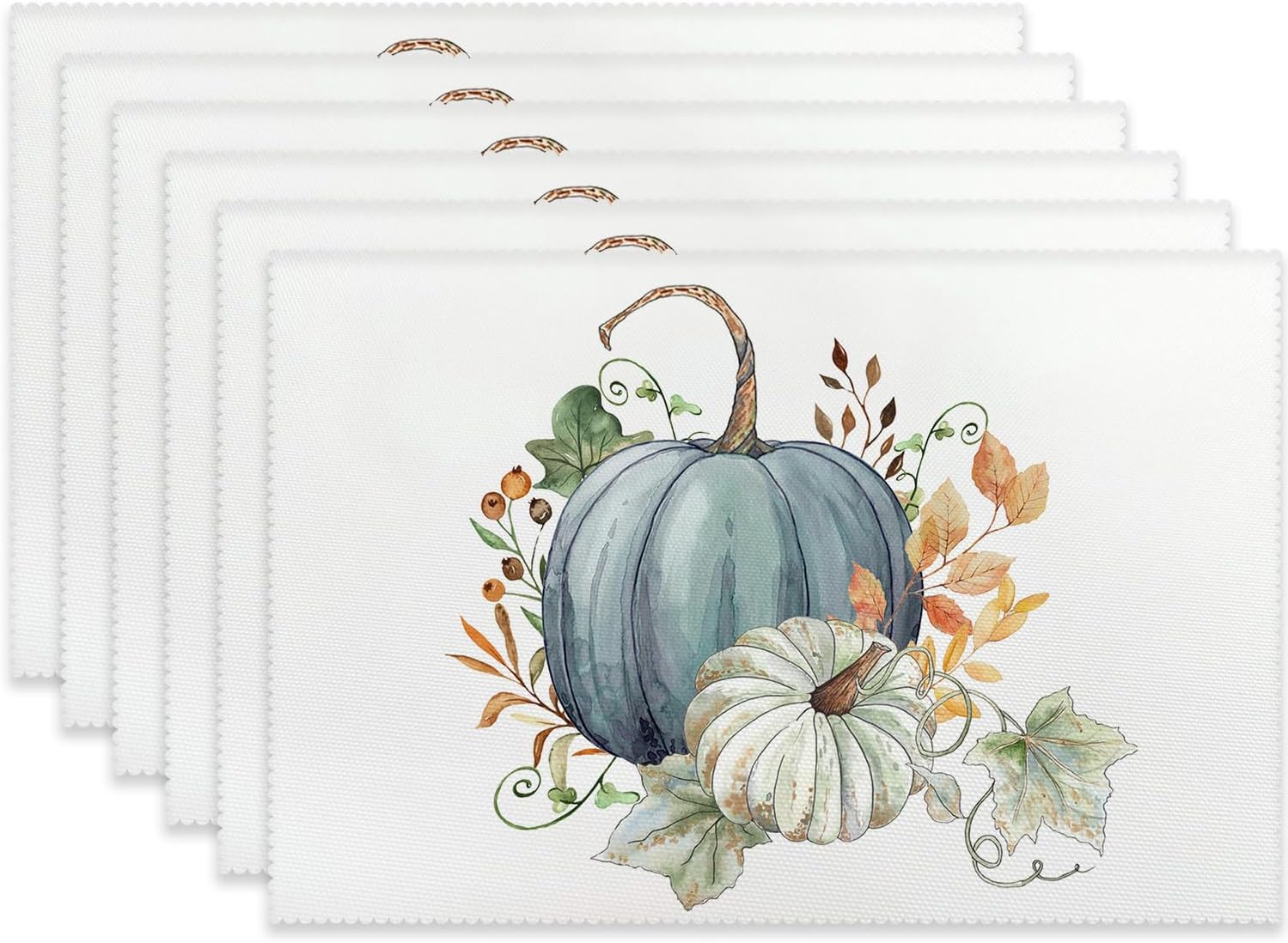 Juego de 6 manteles individuales de hojas de calabaza de otoño, color azul y blanco, para otoño, Acción de Gracias, lavables, para mesa de comedor,