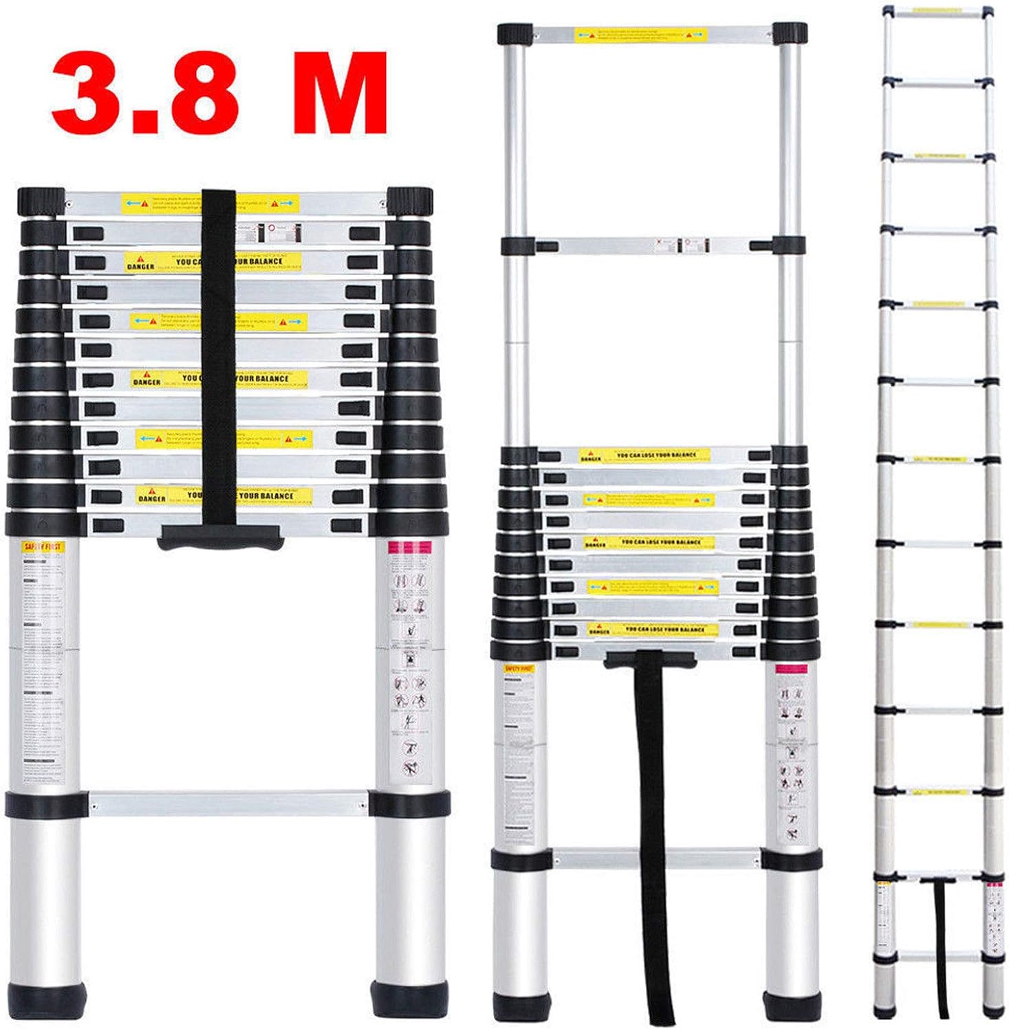 Escalera extensible telescópica de 12.5 pies, 12 escalones, capacidad de carga máxima de 330 libras, EN131, escalera de aluminio con certificación