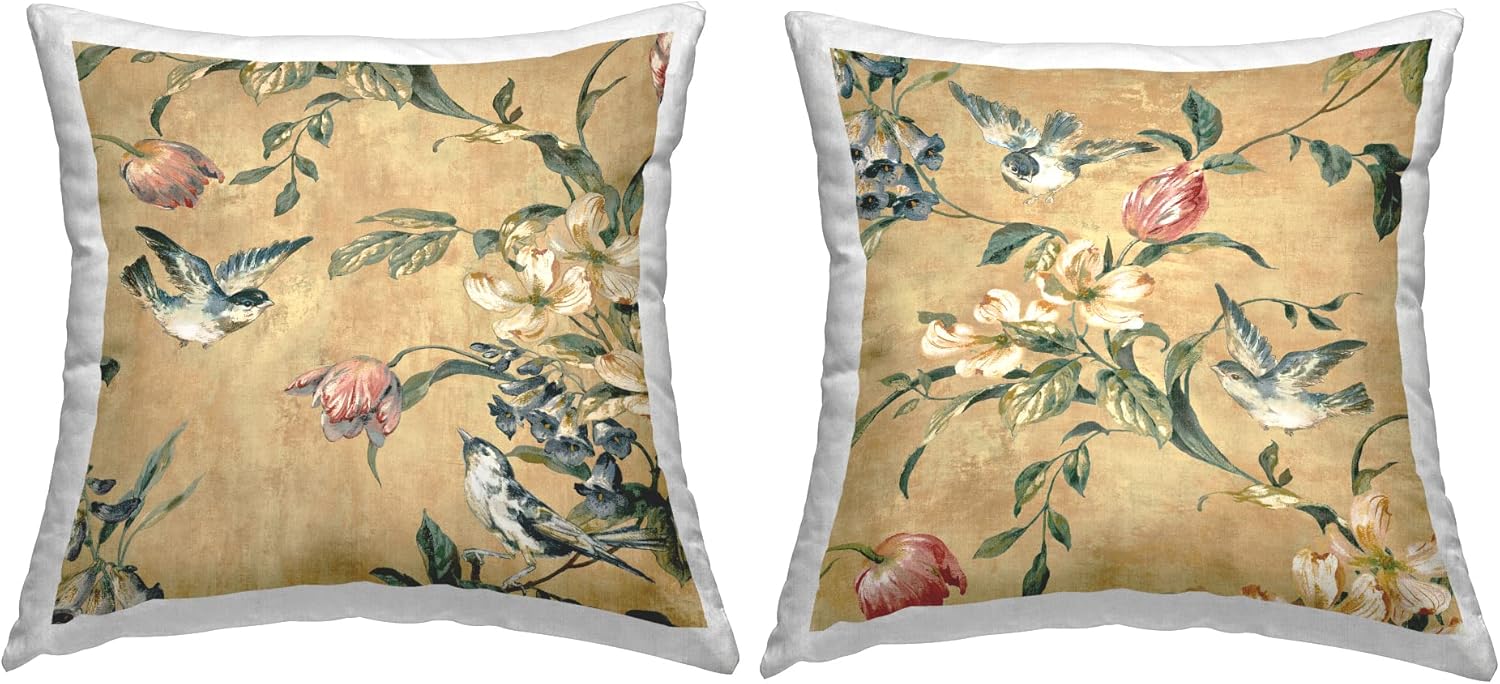 Stupell Industries Reneé Campbell – Juego de 2 almohadas con diseño de ramas florales de pájaros tradicionales, 18 x 18 pulgadas, color dorado