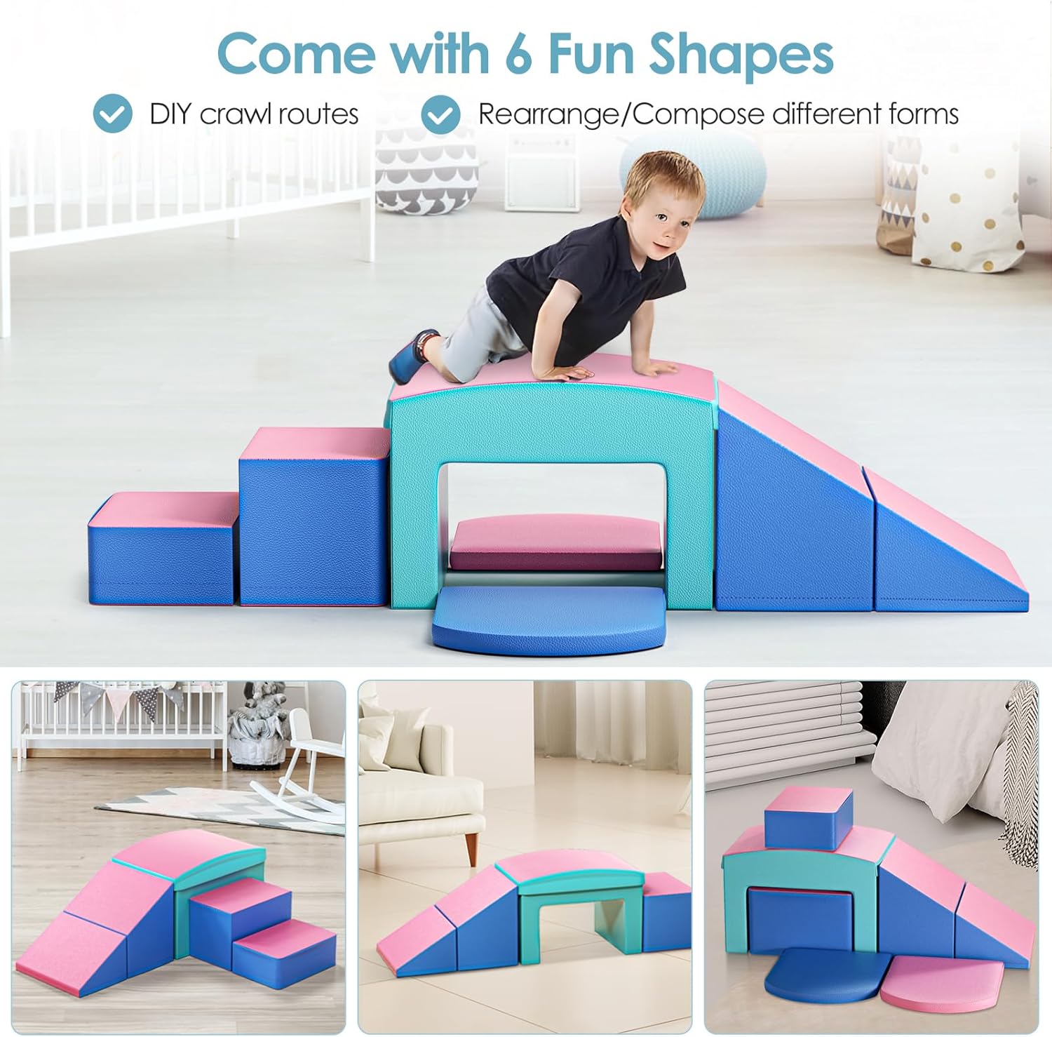Bloques de escalada de espuma para niños pequeños, 6 piezas de juguetes de escalada suaves, juego de espuma para gatear y escalar con túnel, patio