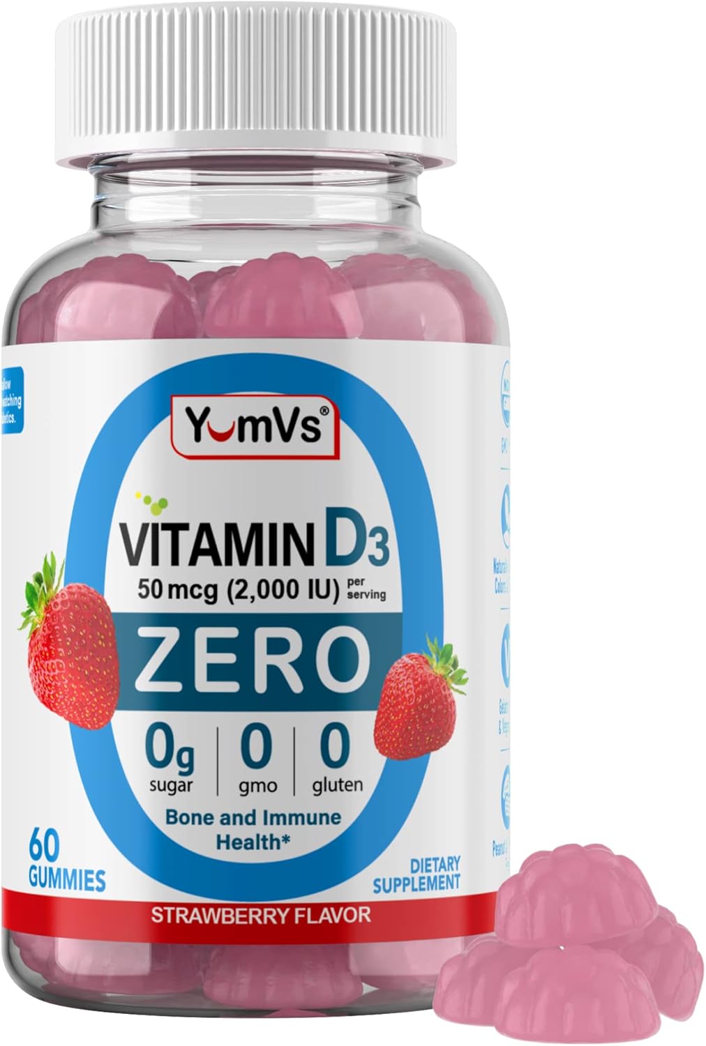 YUM-V’S YumVs – Gomitas de vitamina D Zero  Suplemento D3 apto para dieta cetogénica, sin azúcar, para niños y adultos, 50 mcg  2000 UI de vitamina