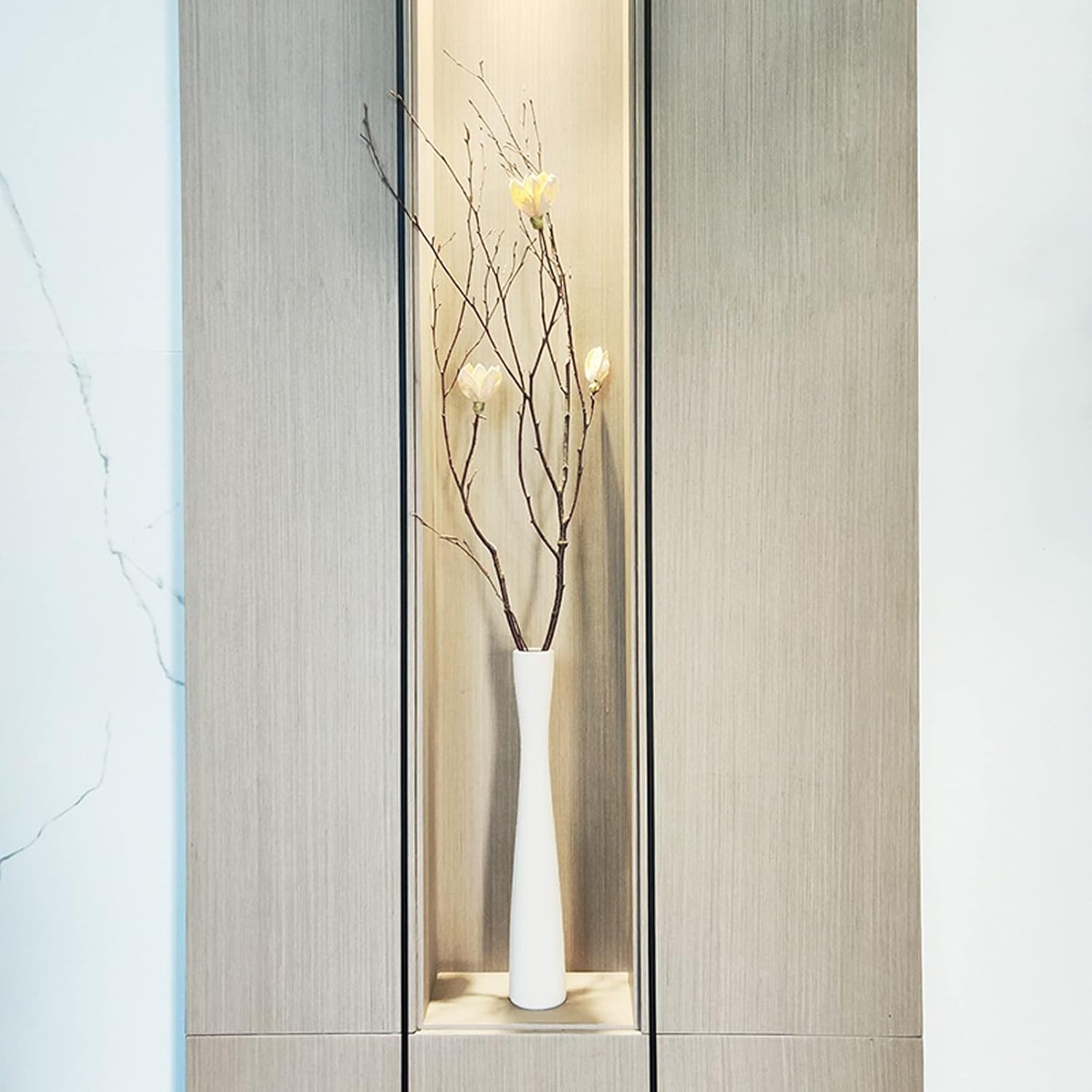 Florero de cerámica blanco, jarrón alto delgado de 16 pulgadas para decoración, jarrón de hierba de las pampas, jarrón cepillado hecho a mano para