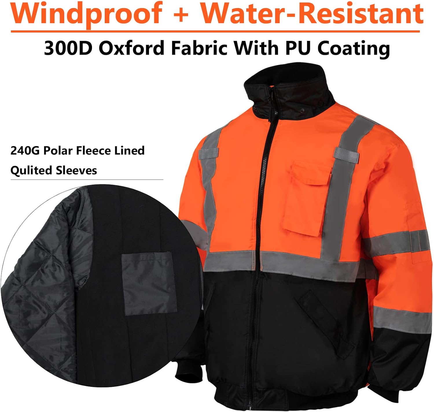 Chaquetas de seguridad reflectantes de alta visibilidad para hombre, forro polar ANSI Clase 3 Hi Vis, chaqueta bomber de invierno con capucha