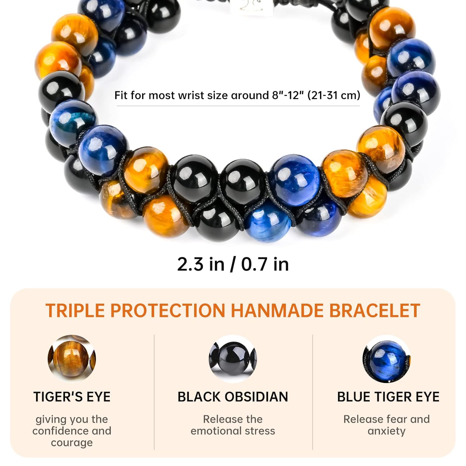 SIBOST Triple Protection Bracelet,Tiger’s Eye,Obsidian,Hematite for Women Men, 8mm Handmade Crystal Healing bracelet Bring Luck,Prosperity and