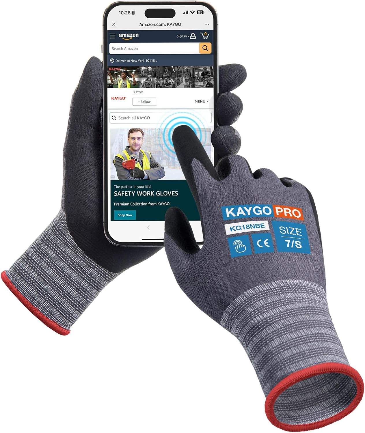 KAYGO Guantes de trabajo de seguridad con revestimiento de nitrilo de microespuma, 3 pares KG18NB, guantes de nailon de punto sin costuras con dedos