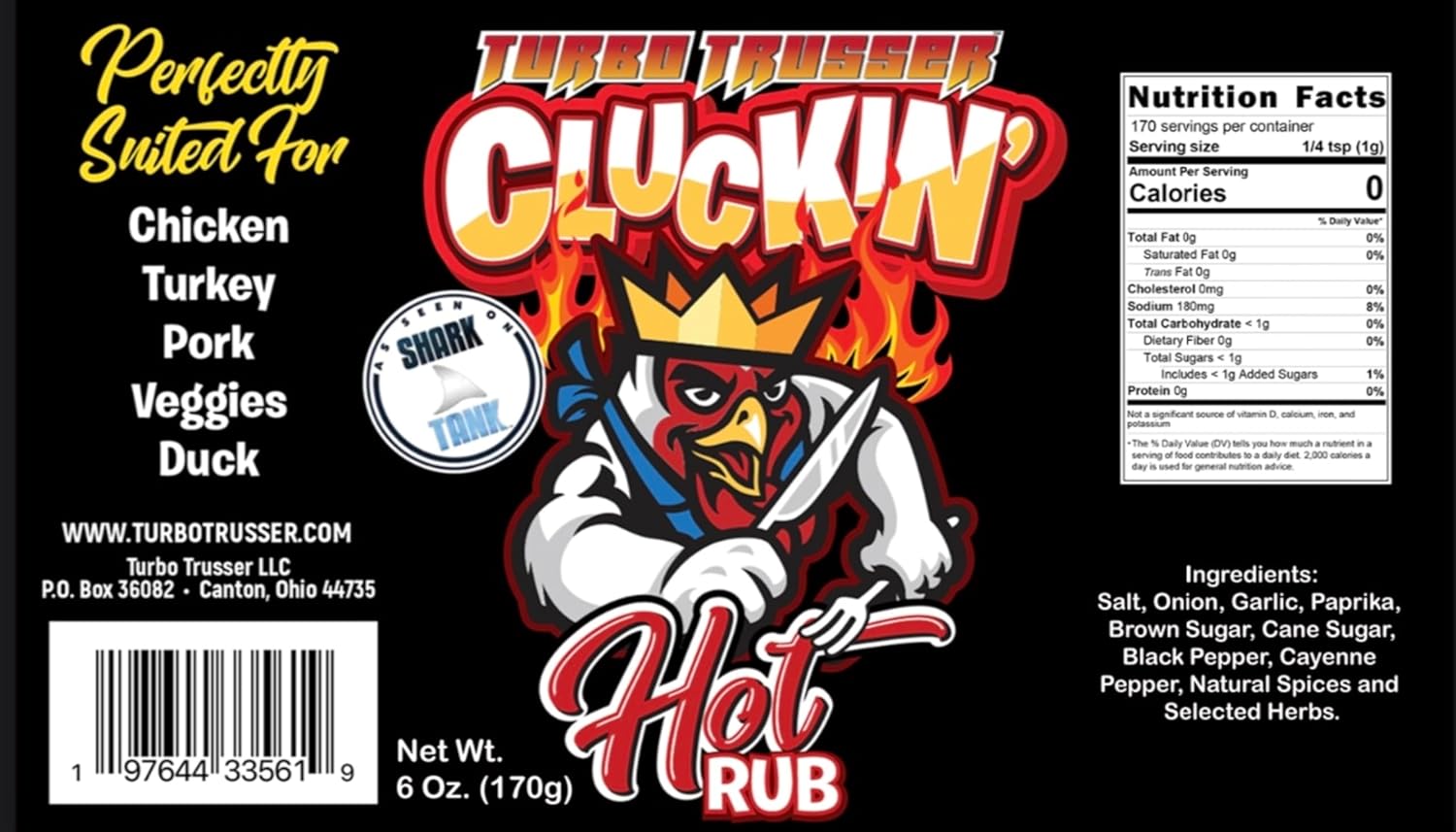 Turbo Trusser Cluckin’ Hot Rub  Para pollo, pavo, pato, cerdo y verduras  Mezcla perfecta de calor suave y sabor  Fabricado en los Estados Unidos  6