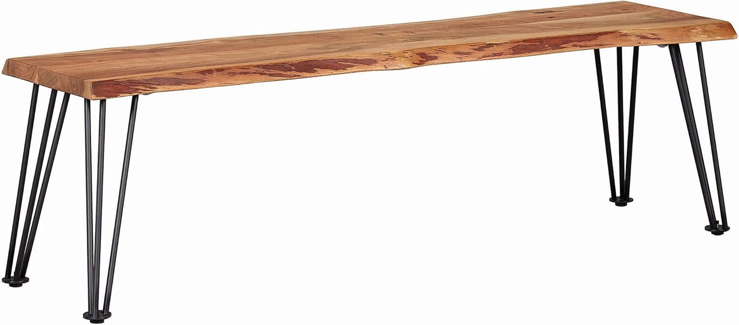 Coaster Furniture Sherman – Banco de comedor moderno de madera maciza con borde vivo, base de metal, acacia natural, plomizo, 190913