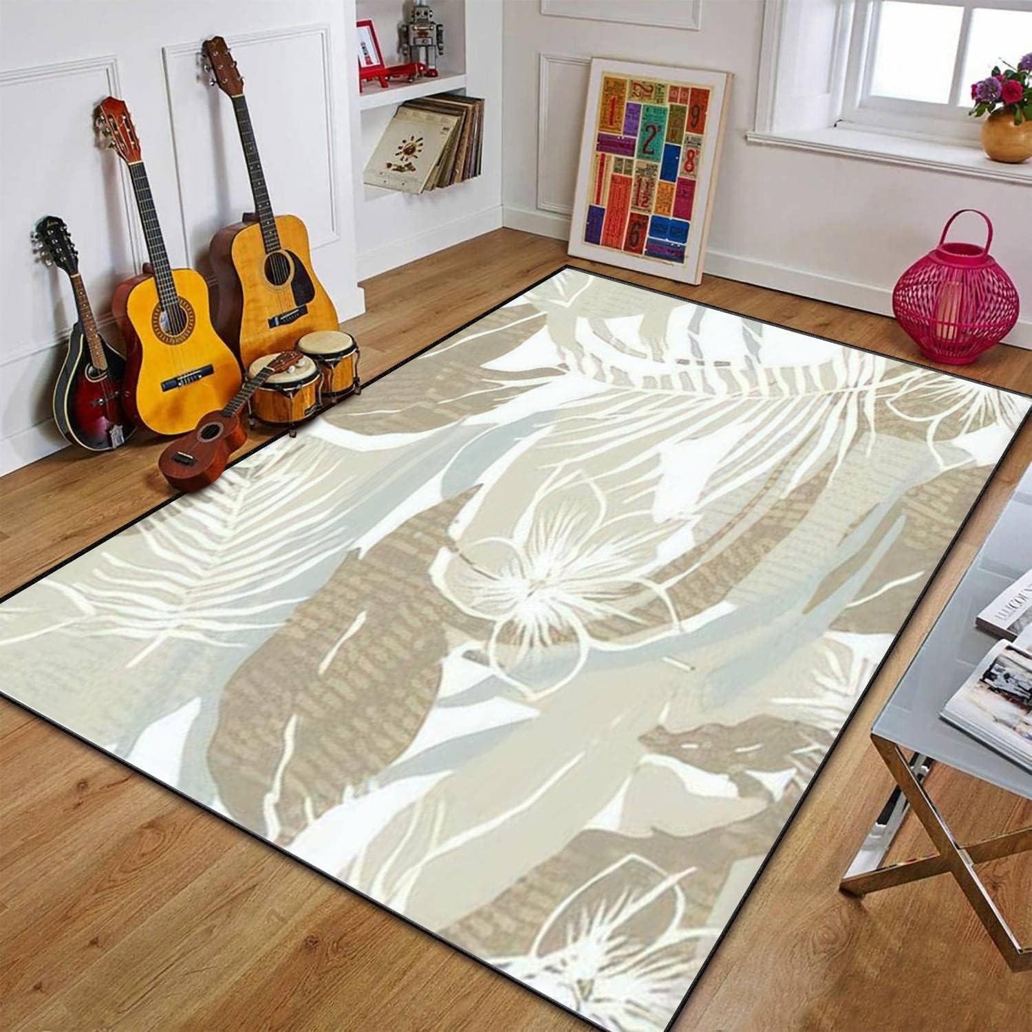 PeeNoke Romantic Botanical Repeated Spring Peony Summer Textile Design Beige Area Rug Outdoor Patio Rug Play Mat Floor Mat Modern Carpet Non-Slip