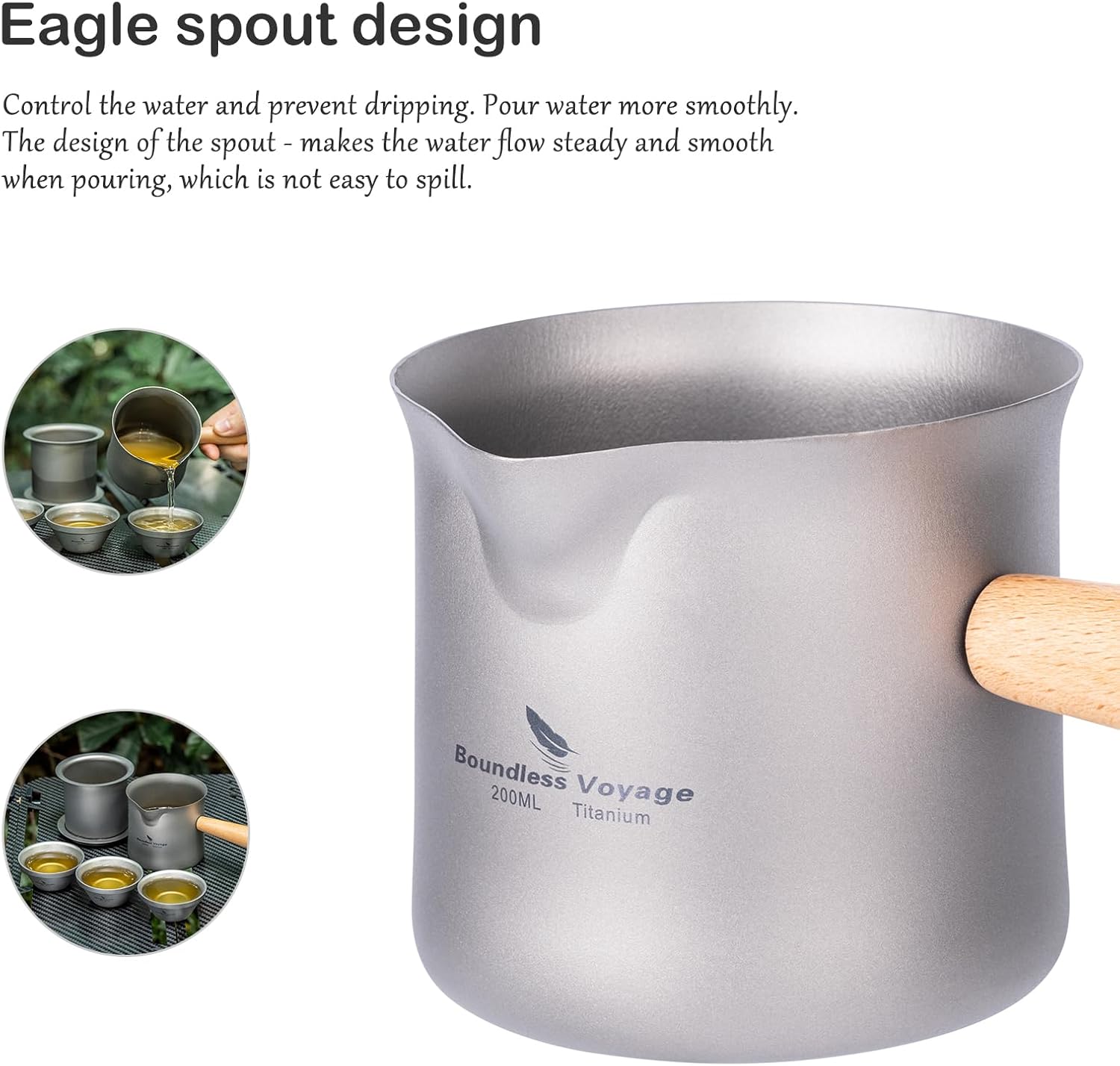 iBasingo Juego de té de titanio de 6.8 fl oz de una sola capa con mango de madera al aire libre portátil ligero para acampar senderismo café