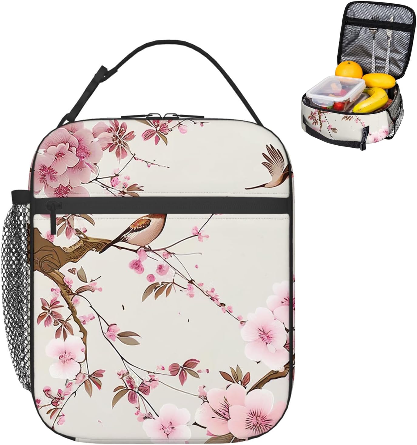 Lonchera aislada para mujeres y hombres, trabajo, dos pájaros y flores, flores de durazno, floral, reutilizable, a prueba de fugas, para adultos,