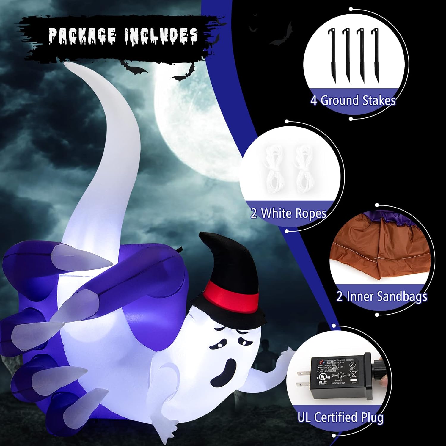 COSTWAY Mano inflable de Halloween de 6 pies para sostener el fantasma con LED integrado y soplador de aire