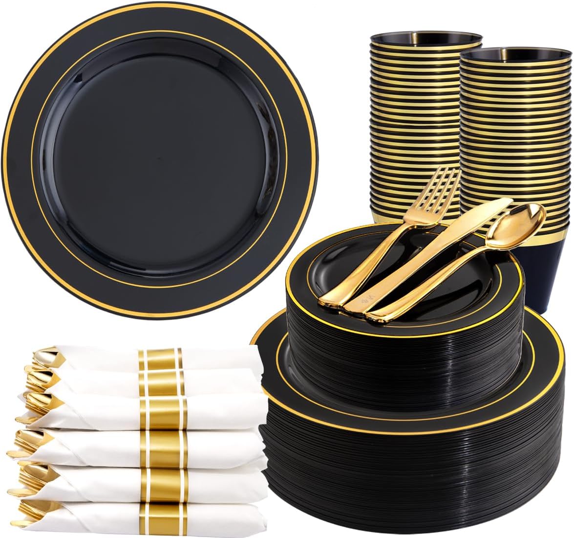 350 platos de plástico negro y dorado con cubiertos desechables, incluye 50 platos llanos de 9 pulgadas, 50 platos de postre de 6.3 pulgadas, 50