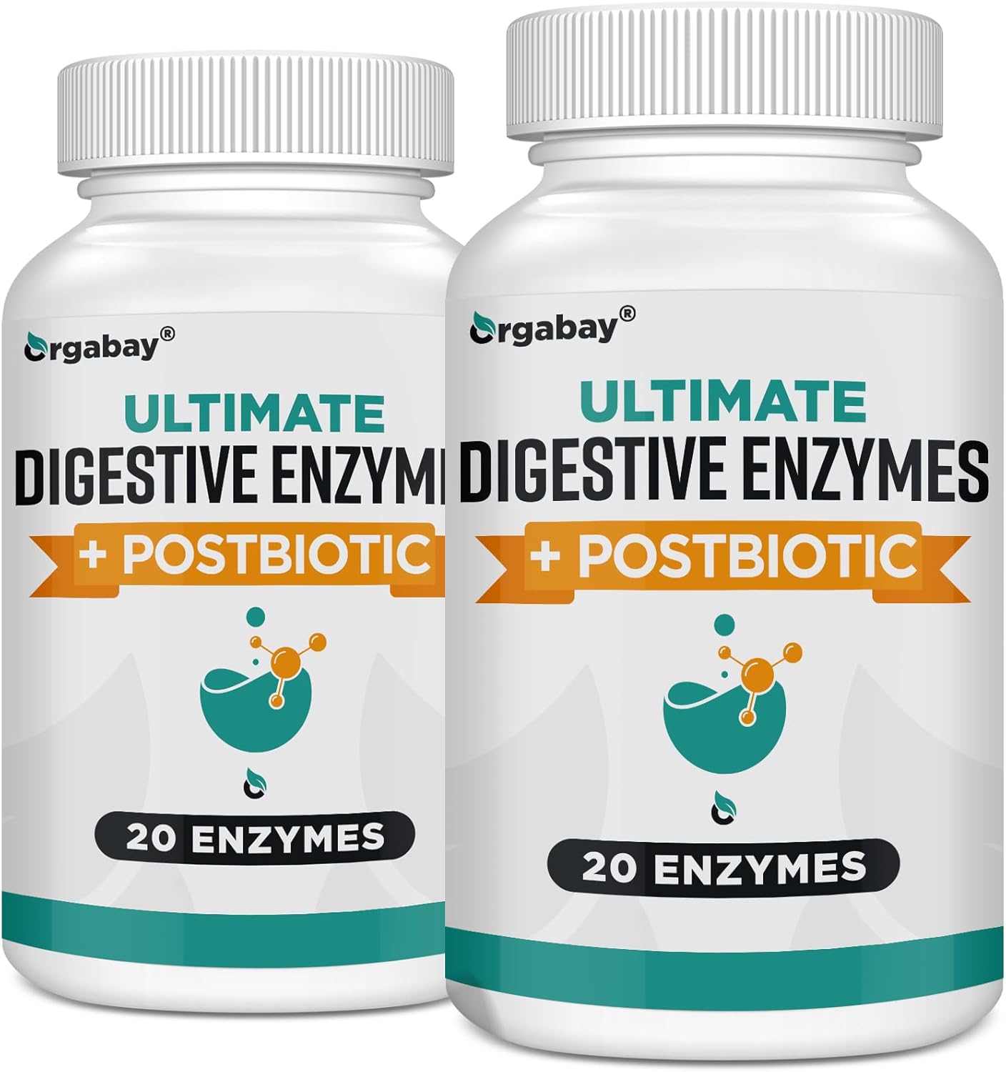 Orgabay Enzimas digestivas de 1000 mg con postbióticos, mezcla de 20 enzimas para hinchazón, digestión óptima y función intestinal, 120 cápsulas