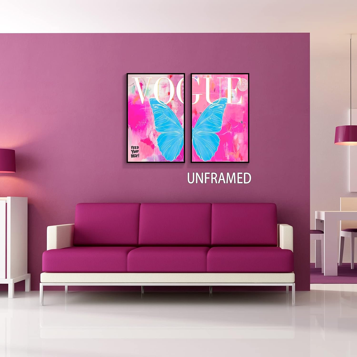 TACRIG 2 piezas de arte de pared en lienzo de mariposa azul de moda preppy – Pósteres de imágenes de moda rosa para dormitorio de niñas – Decoración