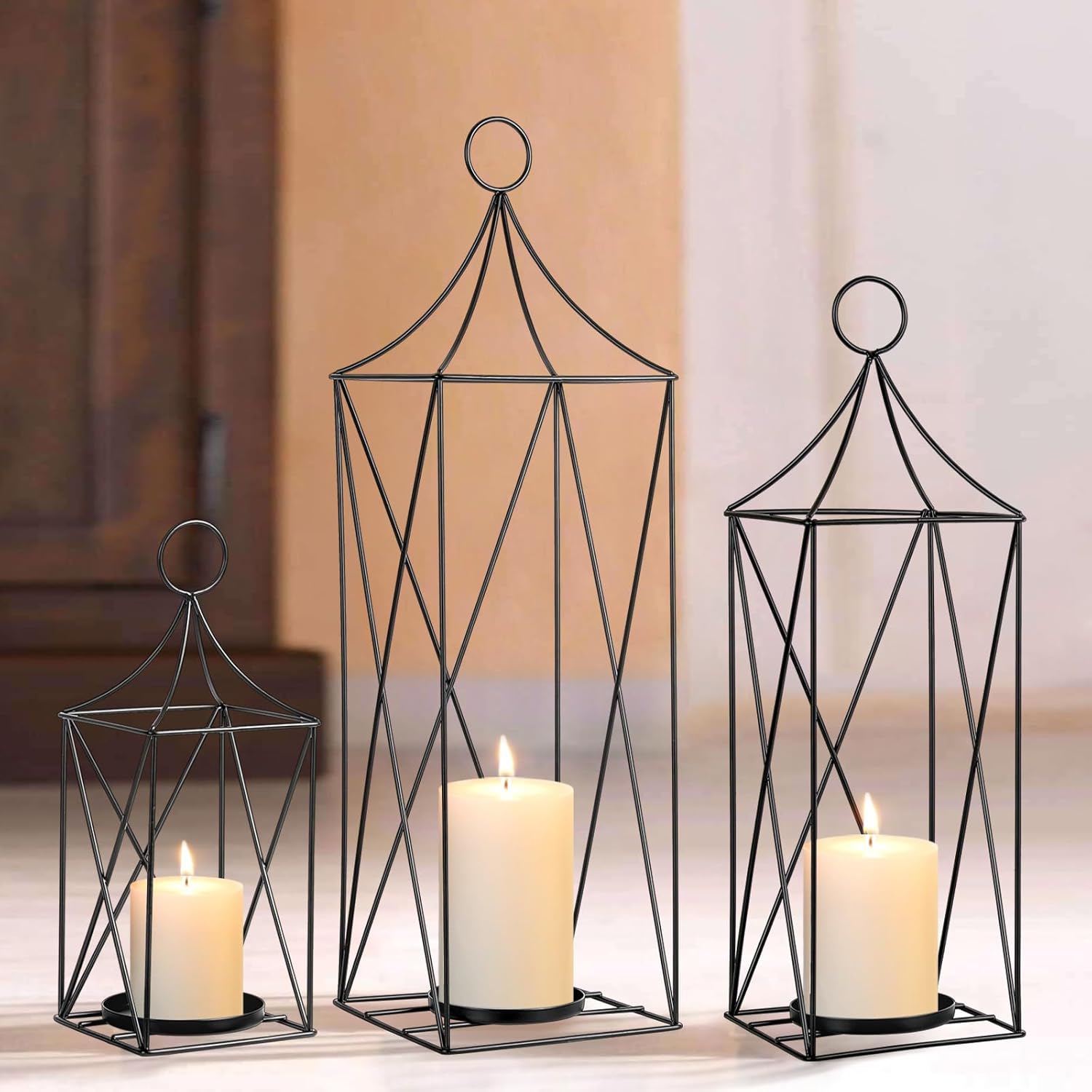 Juego de faroles de metal altos de 3-24, 19 y 13 pulgadas, elegantes portavelas para bodas, fiestas y decoración de Navidad, uso en interiores y