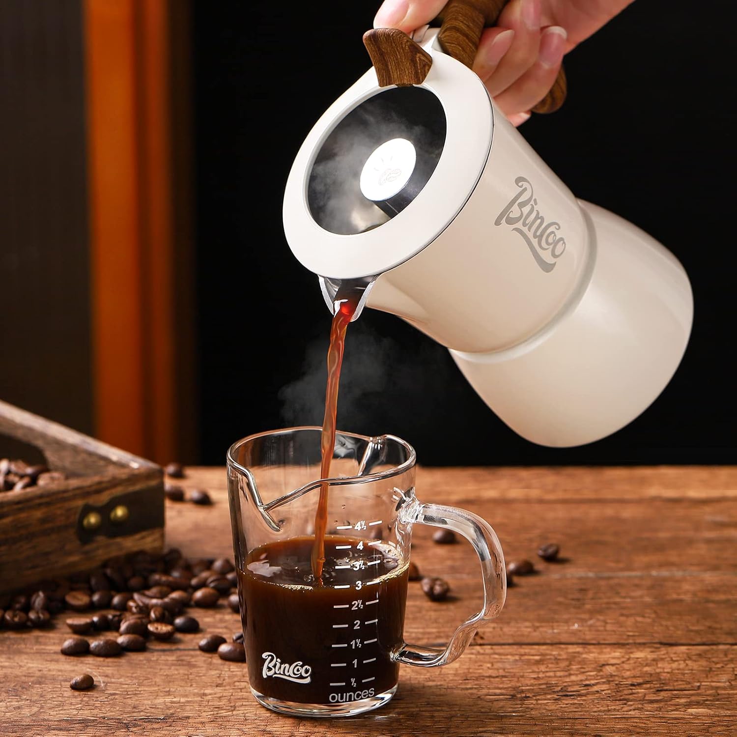 BINCOO Tazas de café expreso de 5.1 fl oz con mango y doble escala, 4.05 onzas, vaso de medición de vidrio de doble boquilla, taza de leche para