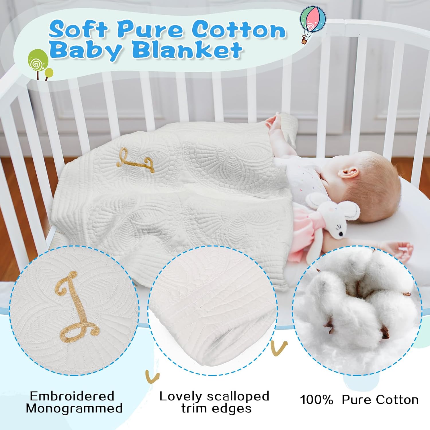 Mantas de edredón personalizadas para niñas y niños, manta de bebé suave con monograma bordada, regalos de Navidad para cuna (letra J)