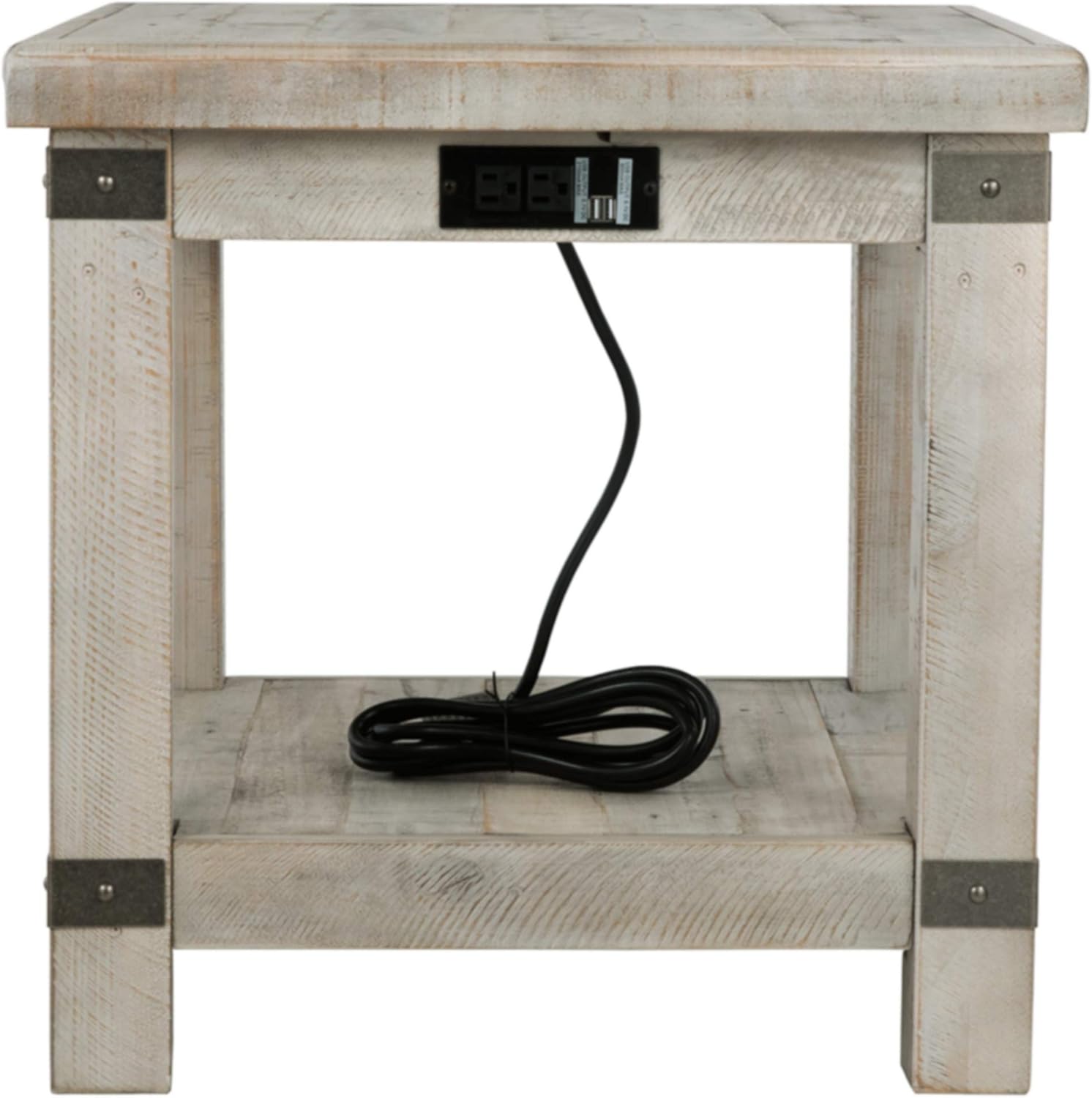 Signature Design by Ashley Carynhurst Farmhouse – Mesa auxiliar rectangular con estante inferior, 2 tomas eléctricas y 2 puertos USB, color blanco