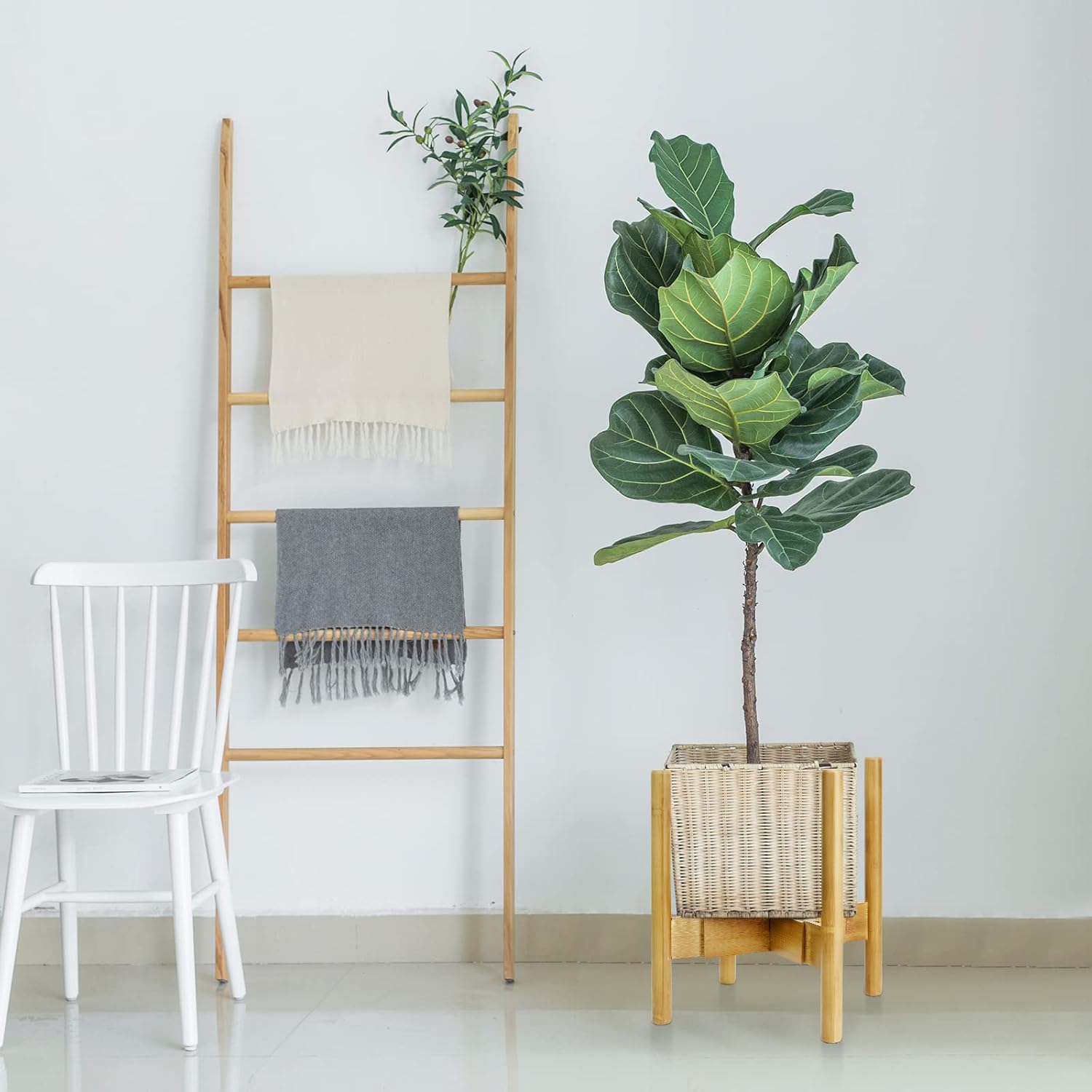 1 soporte ajustable para plantas de interior, soporte para plantas de mediados de siglo de 11.8 pulgadas, soporte estable de bambú natural para