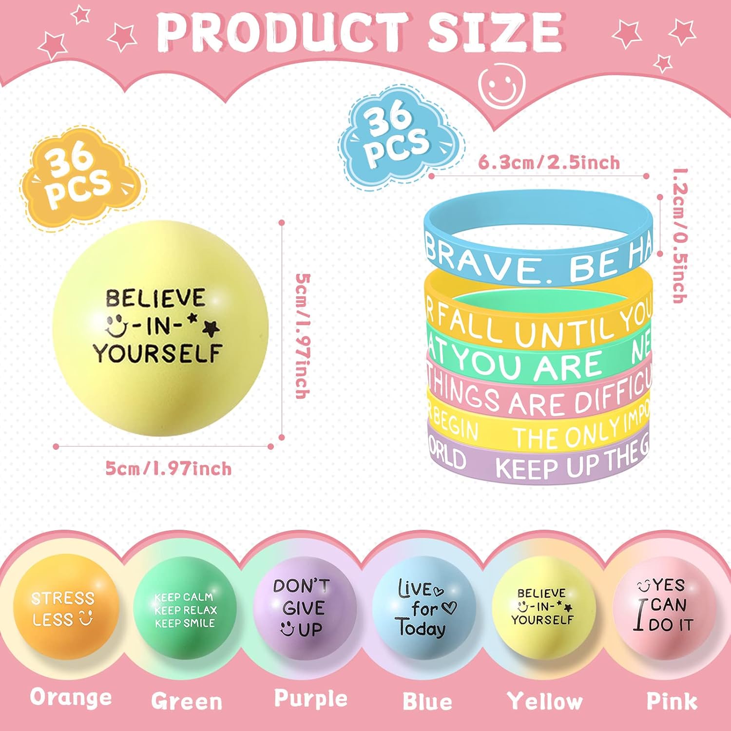 72 bolas motivacionales para el estrés, regalos de graduación, recuerdos de fiesta, incluye 36 mini bolas de espuma de 1.97 pulgadas y 36 pulseras