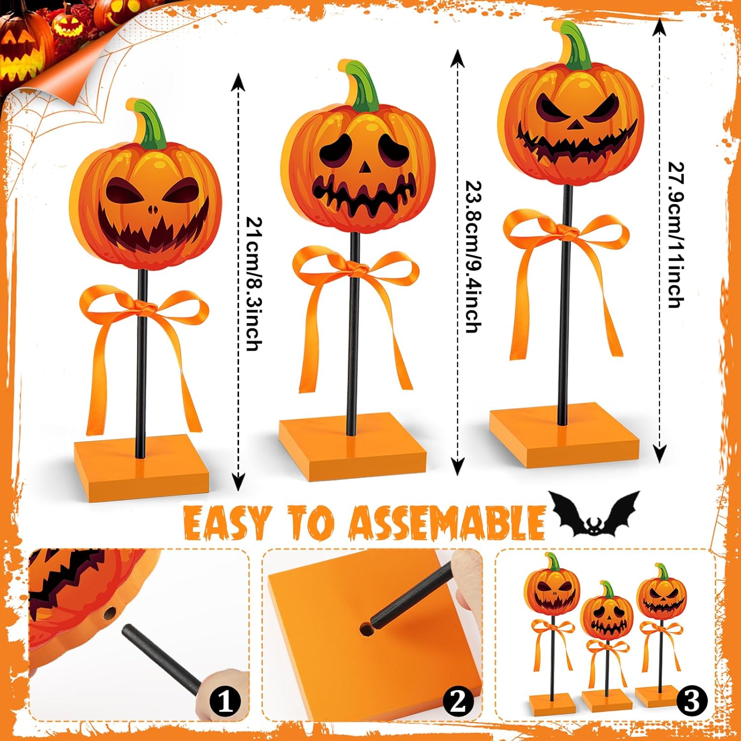 3 piezas de decoración de bandeja escalonada de Halloween, calabaza de madera, decoración de Halloween, letrero aterrador para interiores para