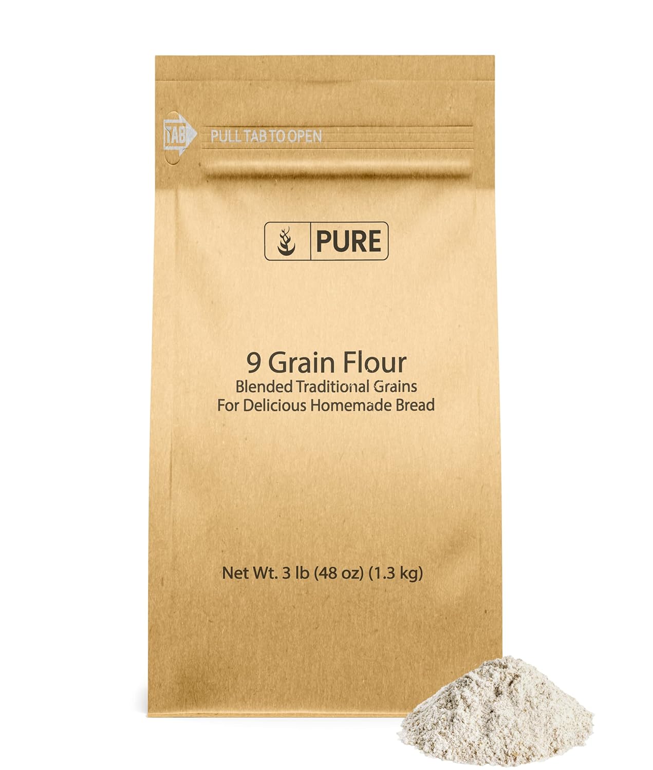 Pure Original Ingredients Harina de 9 granos (3 libras), pan, masa, almacenable, transportable, sin aditivos ni rellenos