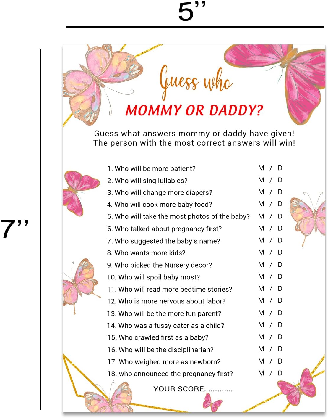 Juego de baby shower, juego de baby shower, 5 x 7 pulgadas, decoraciones de fiesta de mariposa, juegos divertidos y actividades, ideas de baby