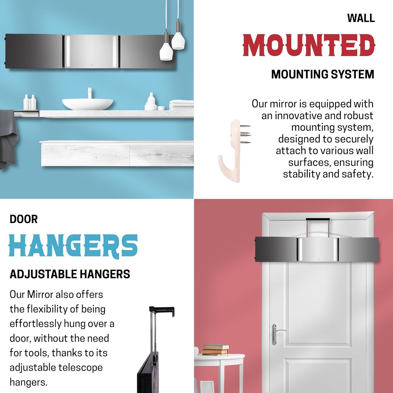 LIPFISBARBERSHOPCOM Espejo de 360 - Espejo de 3 vías para corte de pelo automático con ganchos telescópicos ajustables en altura negro con luces LED - Imagen 9