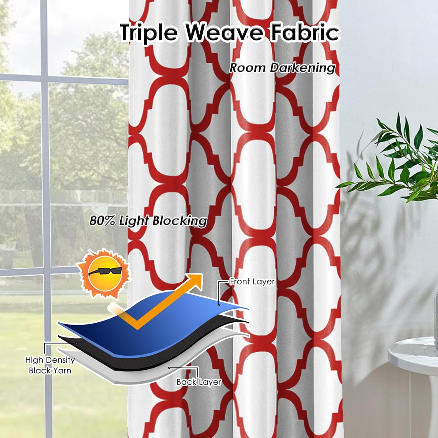 Melodieux Cortina opaca con ojales para oscurecer la habitación, estilo marroquí, para sala de estardormitorio, 42 x 84 pulgadas, blanco roto y rojo