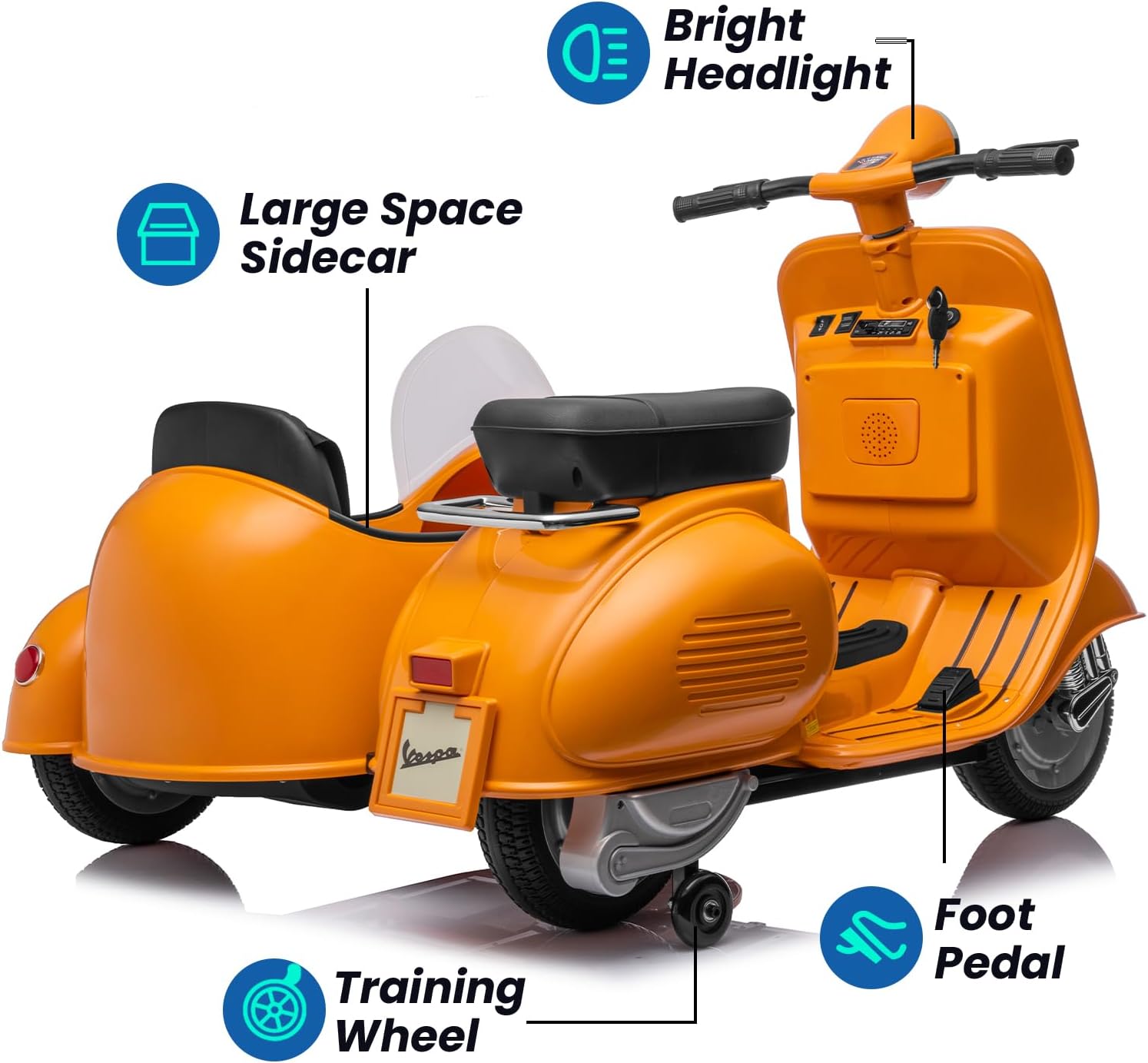 Motocicleta eléctrica Vespa con sidecar con licencia – Auto eléctrico de 12 V para niños y niñas – 2 plazas con compartimento de almacenamiento,