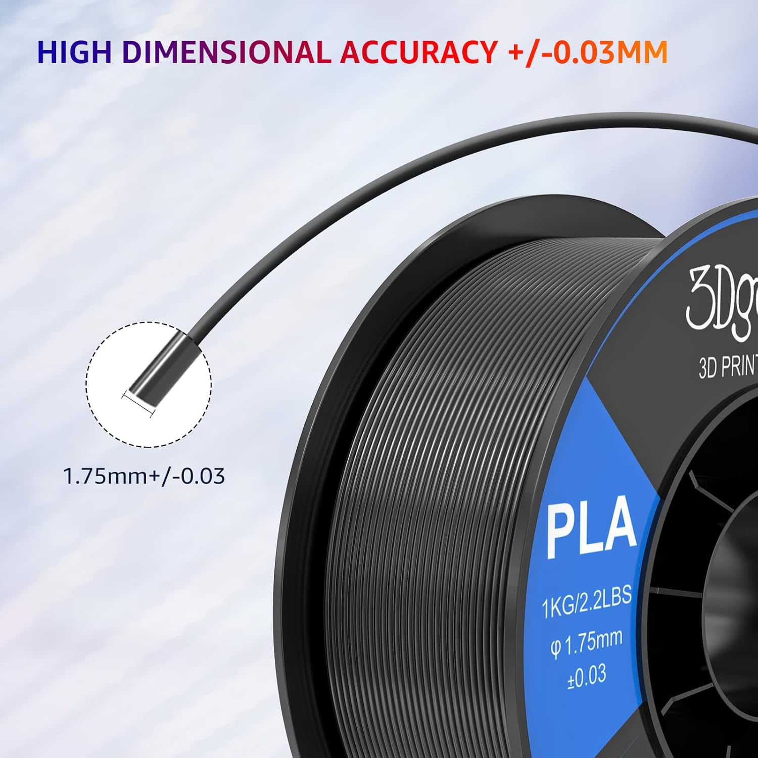 Filamento PLA para impresora 3D, filamento PLA de 0.069 in, carrete de 2.2 lbs2.2 libras, filamento de impresión 3D de 0.069 in, precisión
