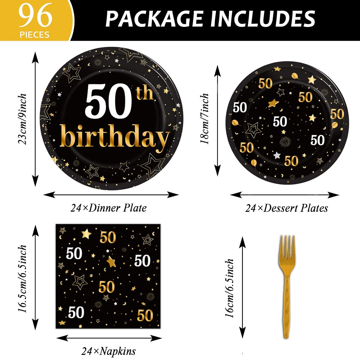 gisgfim 96 piezas de suministros para fiesta de cumpleaños número 50, platos de papel, servilletas doradas, tema de feliz cincuenta, decoraciones de