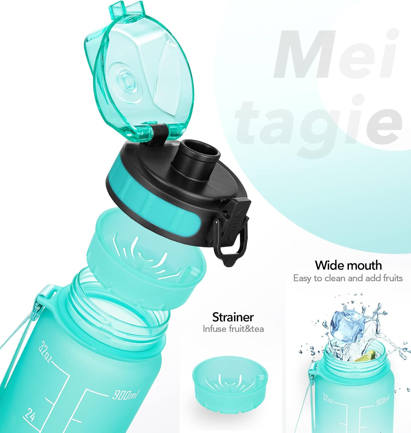 Botella de agua motivacional de 32onzas con marcador de tiempo y colador de frutas, a prueba de fugas, sin bisfenol A, no tóxica, con correa, para