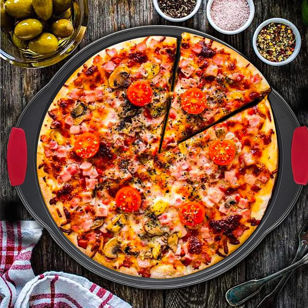 VDGPWA Bandeja de pizza antiadherente de 12 pulgadas, con mango de silicona, acero al carbono sin agujero y con agujero, bandeja para pizza, bandeja