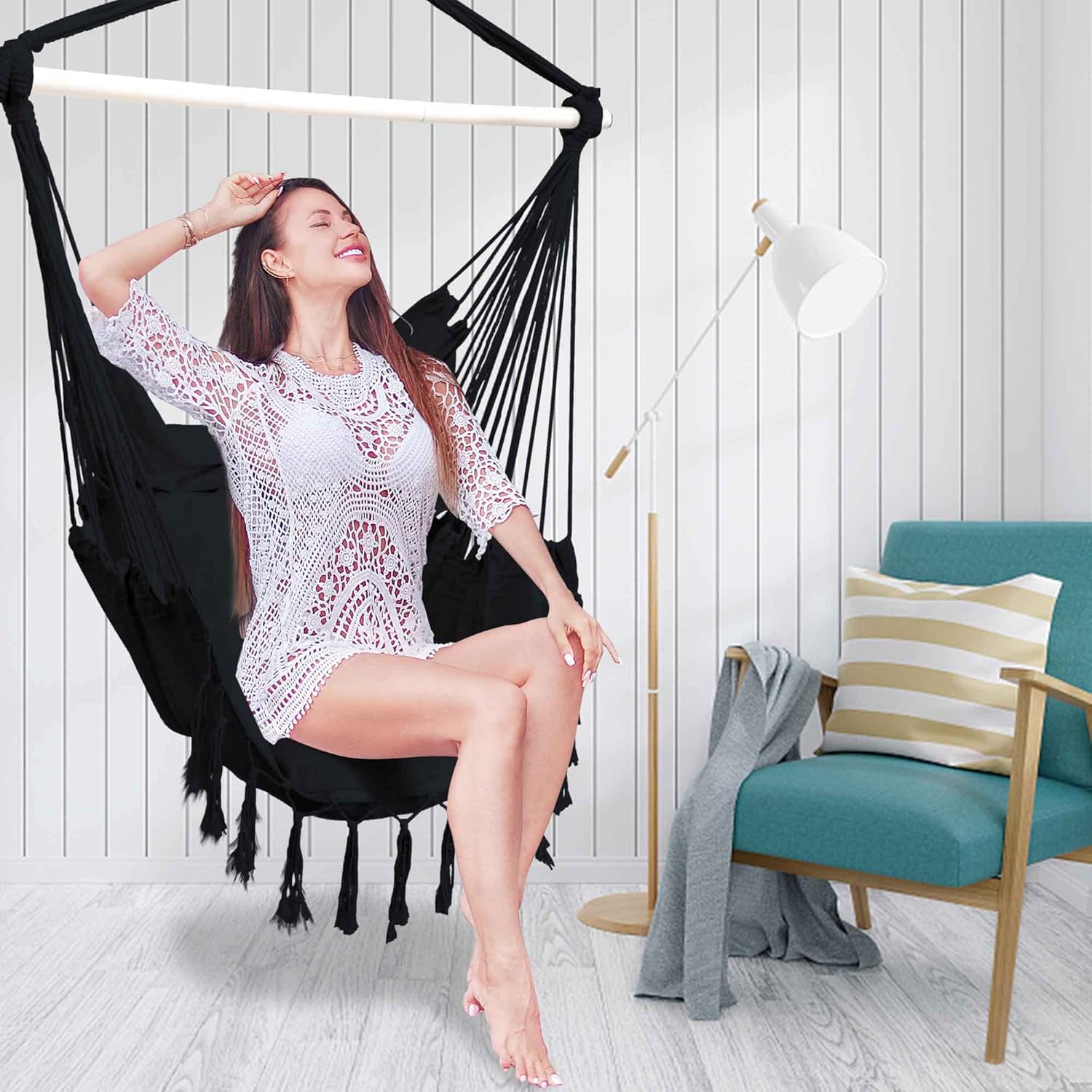 Silla hamaca colgante de cuerda para colgar, máximo 450 libras, 2 cojines incluidos, silla colgante grande de macramé con bolsillo y kits de