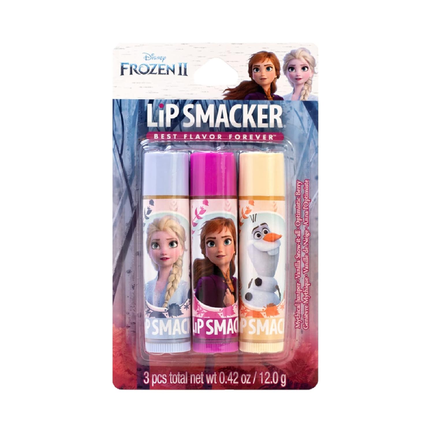 Lip Smacker s Disney Frozen 2 – Trío de bálsamo labial saborizado, enebro mítico, vainilla Snow-it-all, Optimist Berry, juego de 3, transparente,