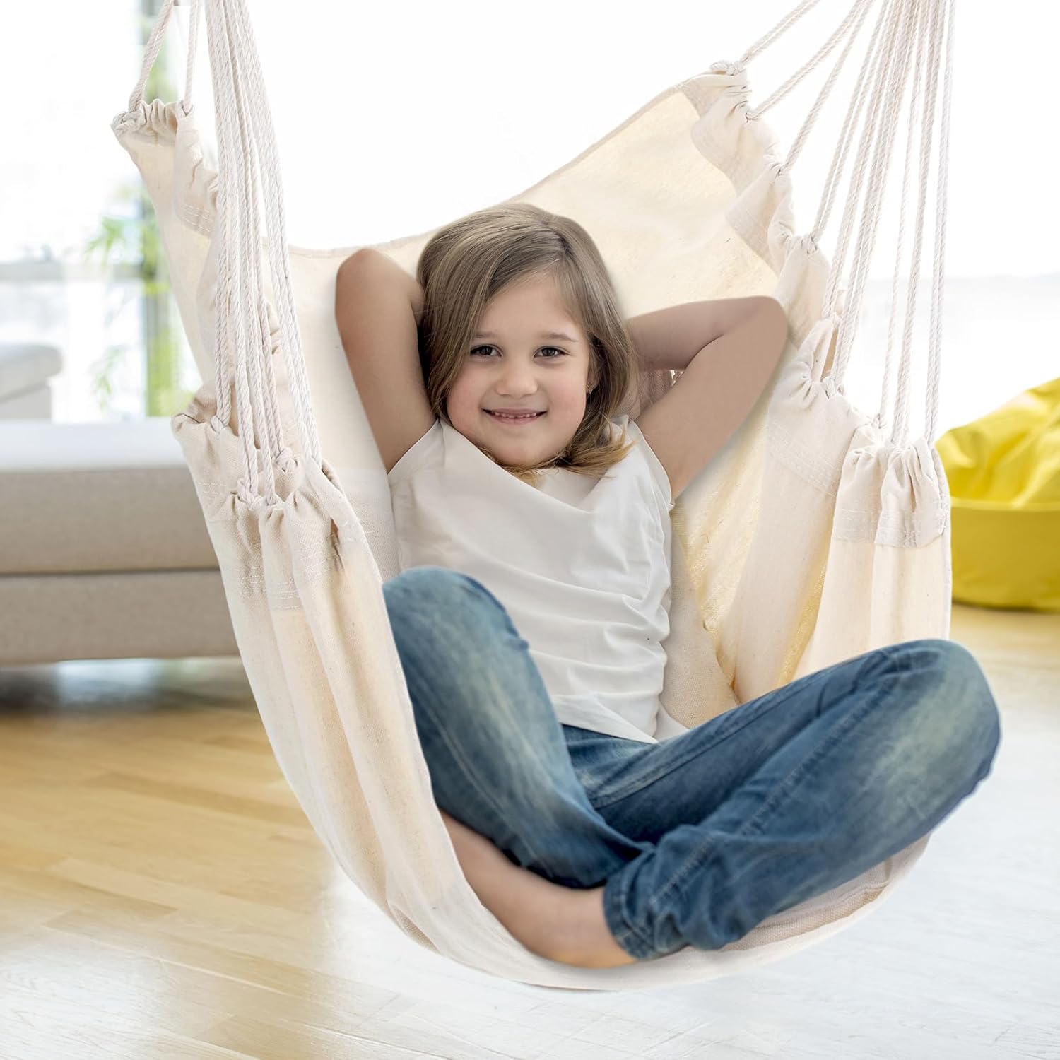 2 piezas hamaca colgante cuerda columpio grande silla colgante máximo 300 libras silla columpio hamaca cojín de asiento incluido para interiores y