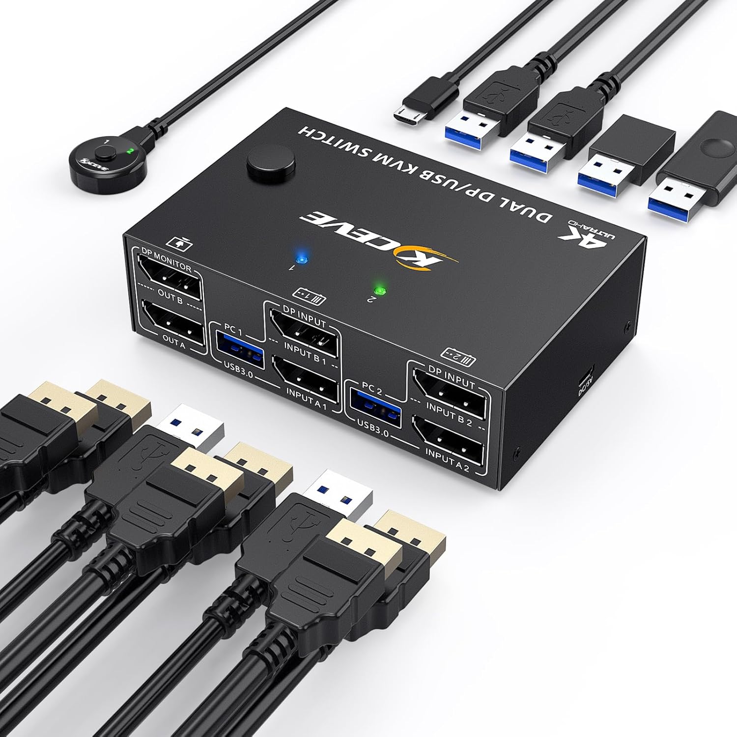 Displayport KVM Switch 2 Monitores 2 Computadoras, 8K 60Hz 4K 120Hz DP USB 3.0 KVM Switch para 2 computadoras Comparte 1 monitor y 4 puertos USB