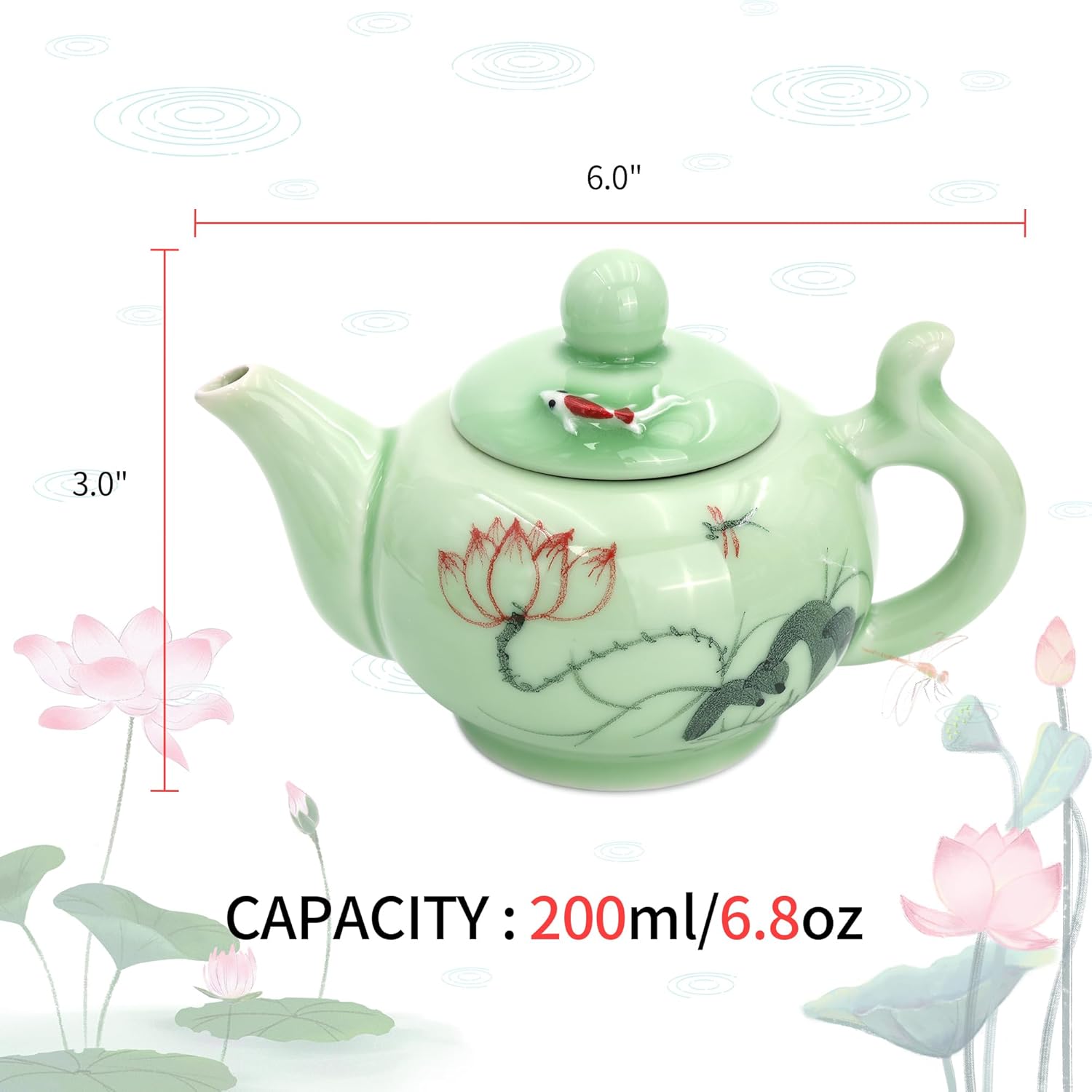 HOTUMN Teteras para té suelto de cerámica con tapa (patrón de loto y pescado) Tetera china hecha a mano, regalo para familiares y amigos (6.8 onzas)