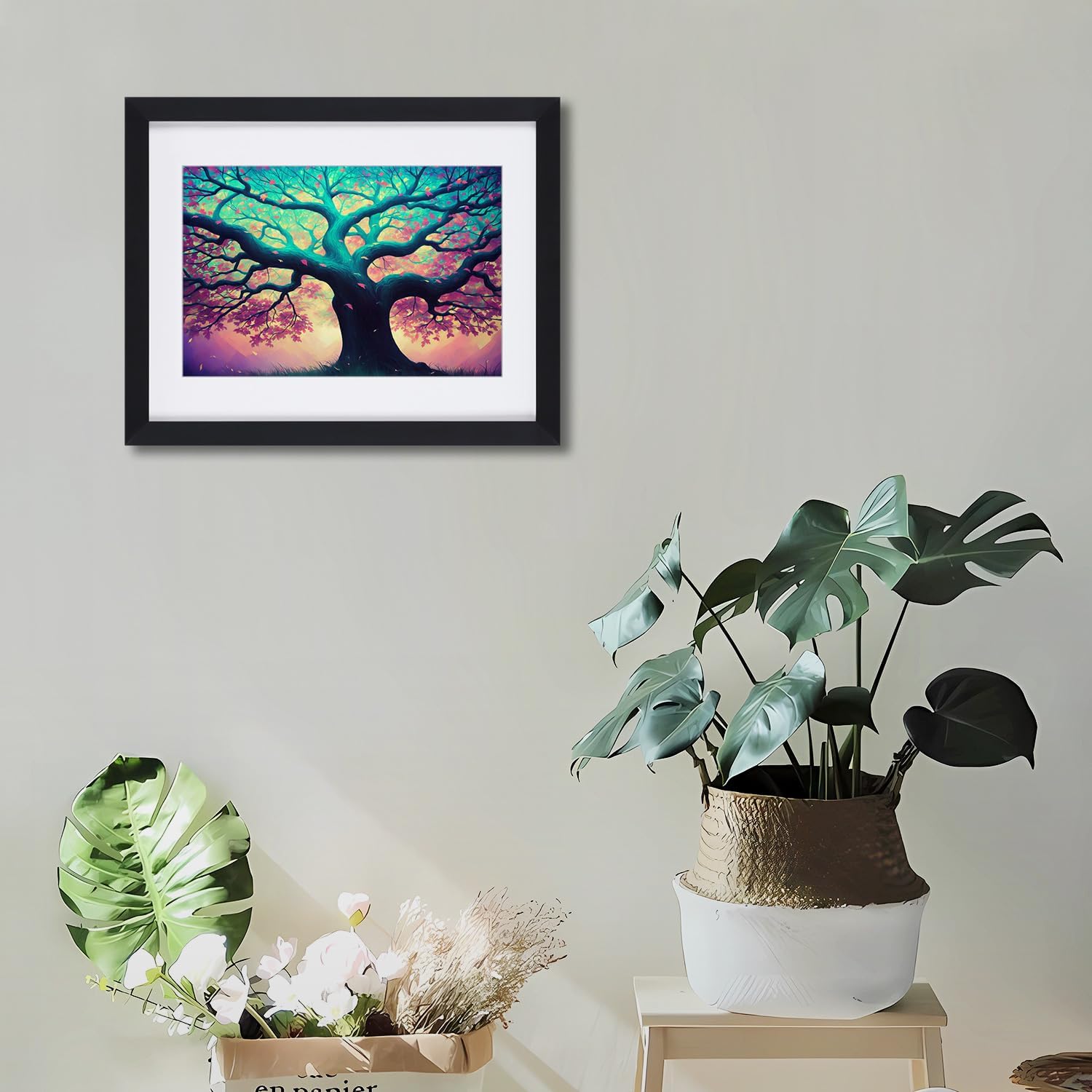 Cuadro en lienzo con marco de árbol morado y azul, con paspartú blanco roto para cocina, decoración del hogar o sala de estar