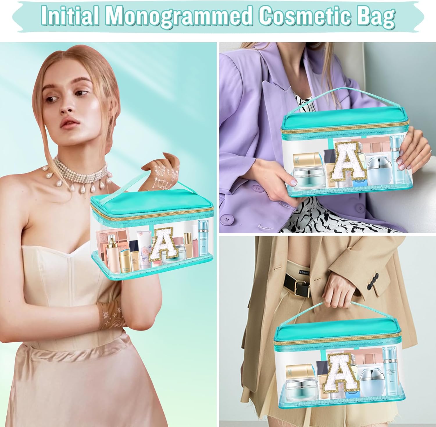 izuzta Bolso de maquillaje claro personalizado con letra inicial grande Preppy Patch Cosmetic Bag Zipper con asa, Bolsa verde-letra blanca