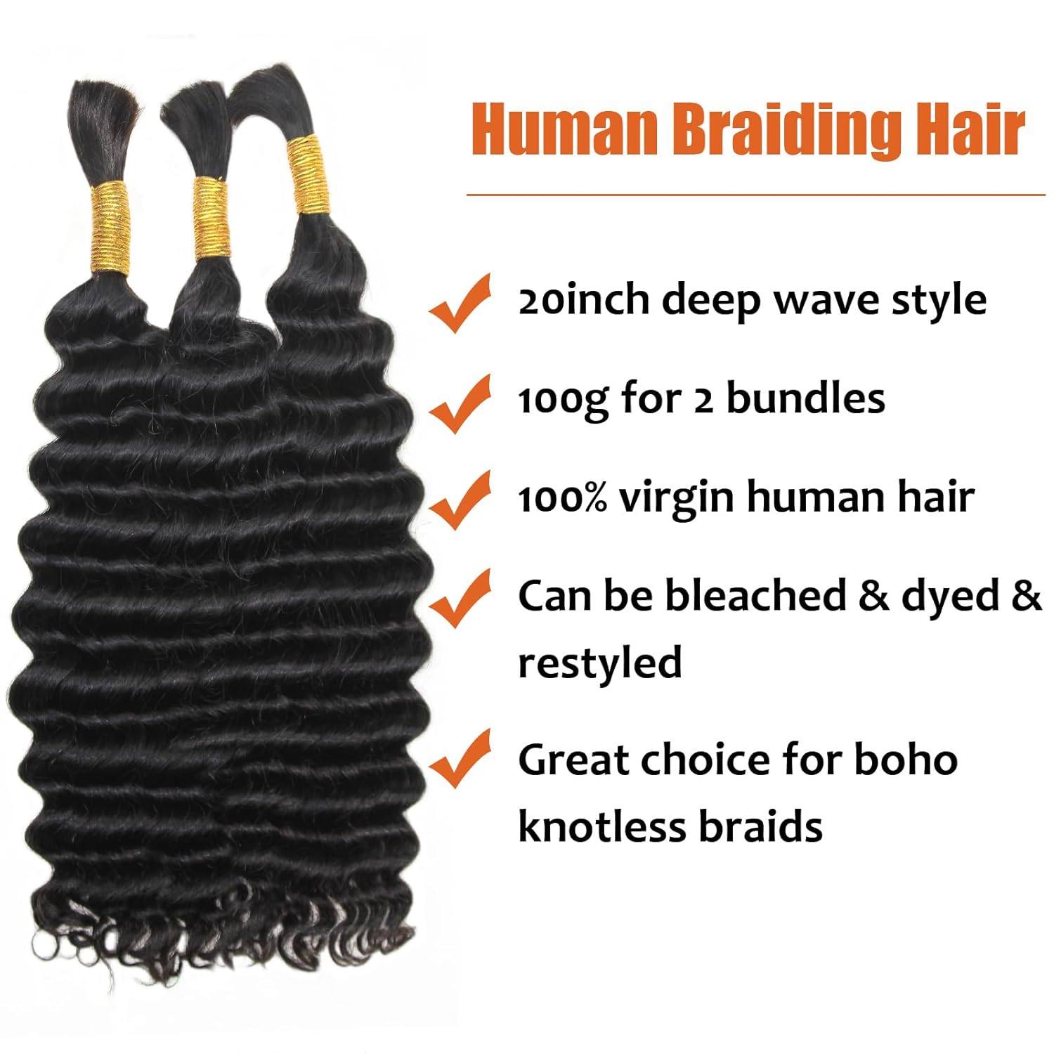 Cabello humano trenzado a granel, cabello humano virgen ondulado profundo, cabello trenzado para trenzas bohemias sin nudos bohemias, sin trama,