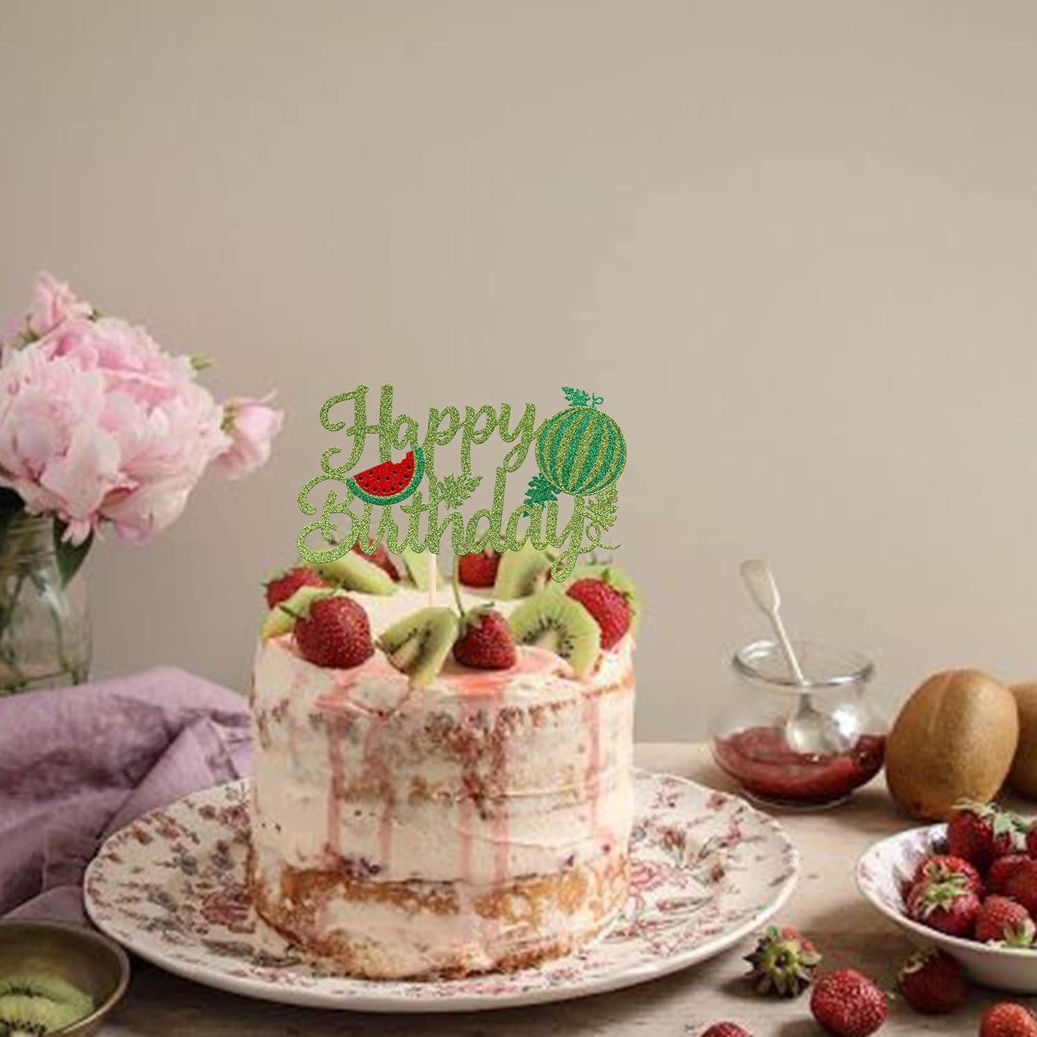 1 paquete de decoración de pastel de feliz cumpleaños con purpurina de sandía para cupcakes, baby shower, sandía, fruta, niños, fiesta de