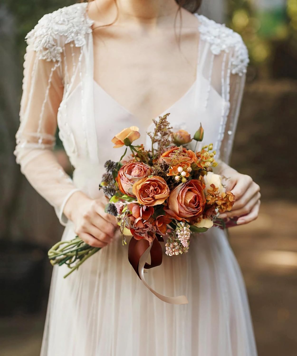 Ramos de boda artificiales de color naranja quemado para novia, ramo de otoño para ceremonia de boda y aniversario (naranja tostado)
