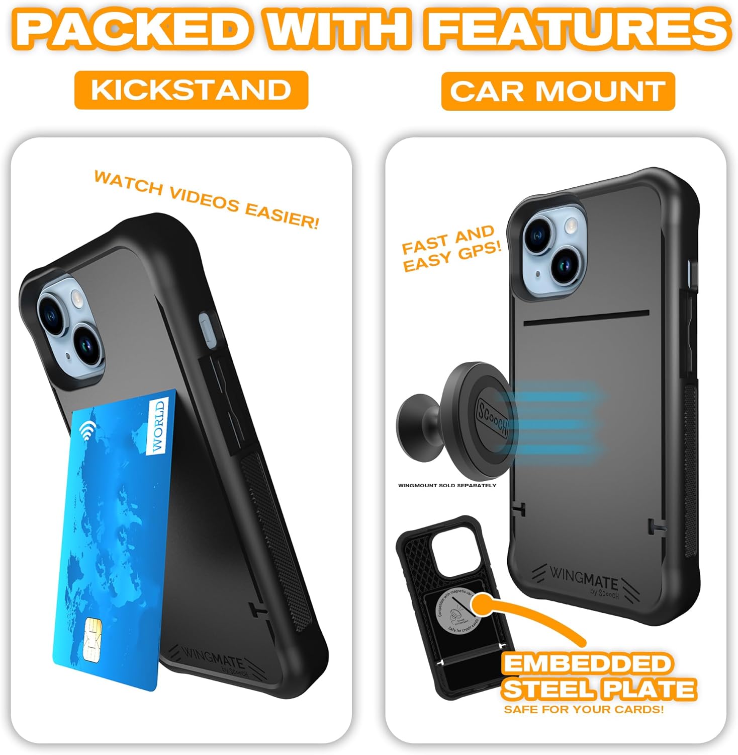 Scooch Wingmate – Funda para iPhone 15 con tarjetero y ranura oculta para tarjetas y protección RFID, capacidad para hasta 4 tarjetas, protección