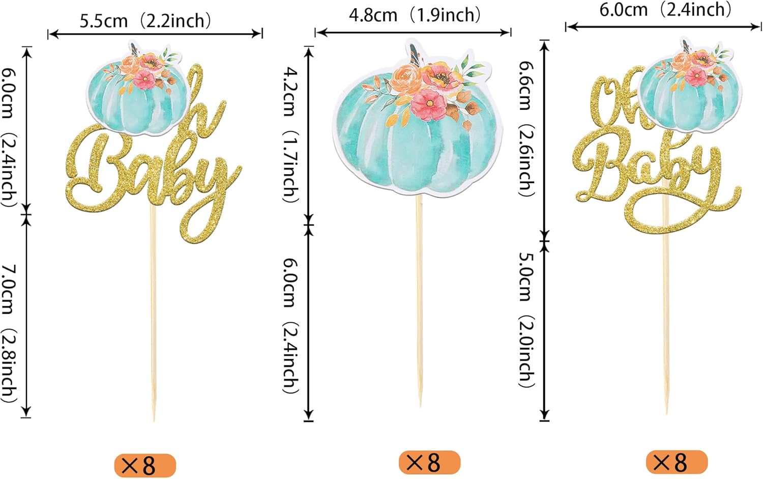 Paquete de 24 adornos para cupcakes de calabaza Oh Baby Baby Reveal de género para baby shower, decoración de cupcakes para calabaza, tema de otoño,