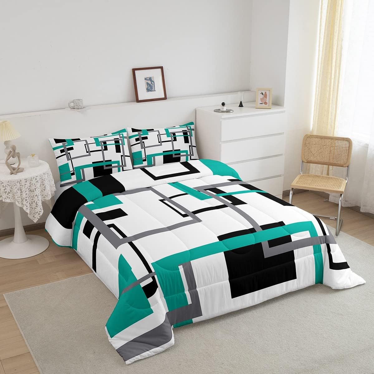 Erosebridal Juego de edredón cuadrado para adolescentes y jóvenes, juego de ropa de cama negro, blanco y azul, juego de edredón geométrico moderno
