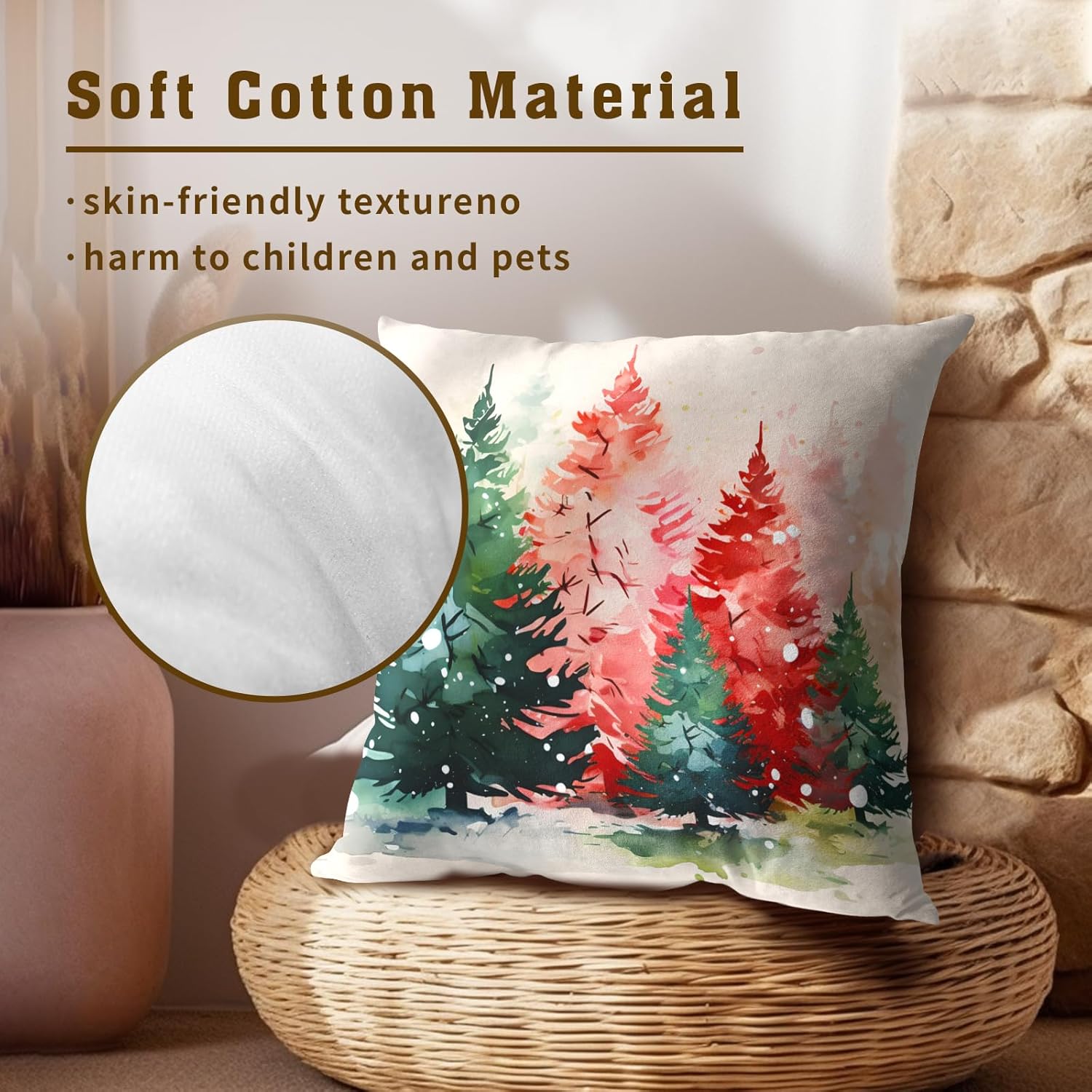 Juego de 2 fundas de almohada con diseño de acuarela para árbol de Navidad, color rojo y verde, para decoración del hogar, sofá, cama, 16 x 16