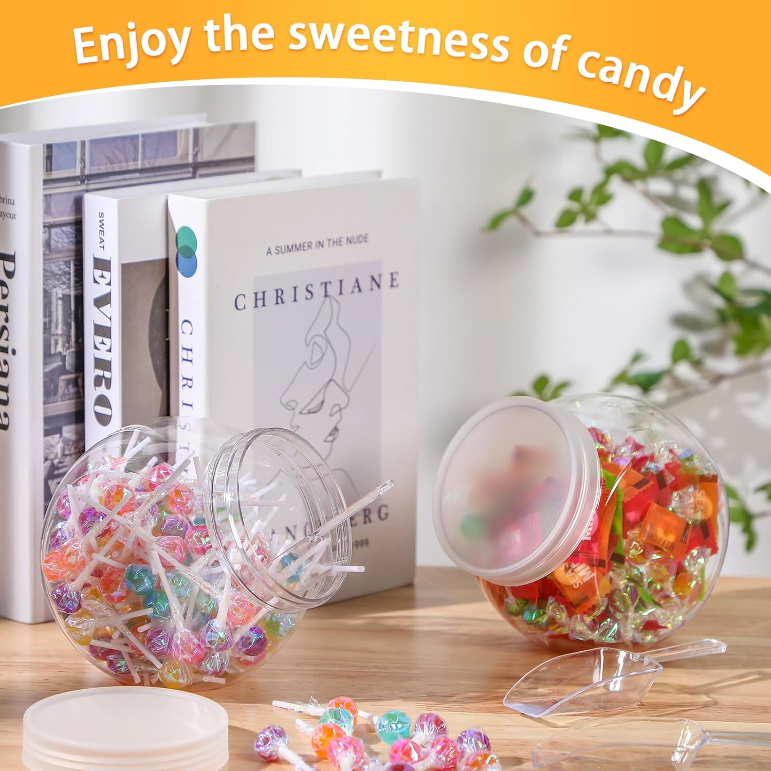 Umigy 2 juegos de tarros de plástico para dulces con tapa para bufé de dulces con mini cuchara de cocina de plástico acrílico de 42 onzas,